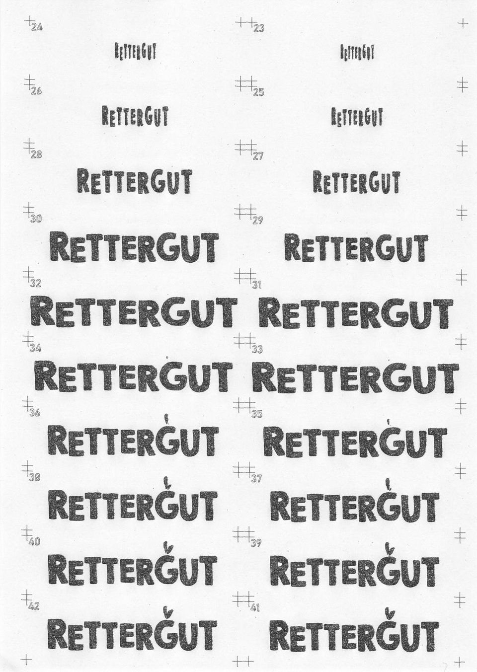 numbered pen-plotter test prints of the Rettergut lettering in increasing size